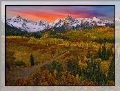 Jesień, Góry, Droga, Lasy, Stany Zjednoczone, San Juan Mountains, Kolorado, Drzewa, Zachód słońca