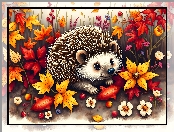 Liście, Grafika, Jeż, Jesień