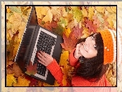 Jesień, Laptop, Liście, Kobieta