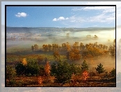 Jesień, Pola, Drzewa, Mgła, Panorama