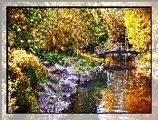Jesień, Park, Rzeczka, Mostek, Kamienie