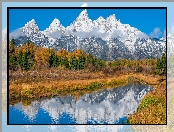 Jesień, Ośnieżone, Stany Zjednoczone, Rzeka, Stan Wyoming, Odbicie, Park Narodowy Grand Teton, Góry Teton Range, Drzewa, Mgła