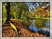 Jesień, Ławka, Park, Staw