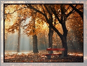Jesień, Mgła, Park, Ławka