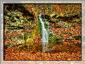 Jesień, Liście, Wodospad, Skały