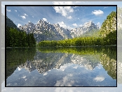 Góry, Drzewa, Odbicie, Jezioro Almsee, Austria