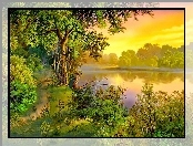 Jezioro, Lato, Dróżka, Wędkarz