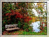 Jezioro, Jesień, Drzewa, Ławeczka