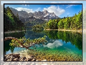 Niemcy, Drzewa, Jezioro Eibsee, Lasy, Bawaria, Góry, Alpy Bawarskie, Szczyt Zugspitze