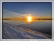 Jezioro, Słońca, Plaża, Zachód