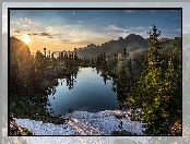 Jezioro Lazurnoye, Syberia, Góry Ergaki, Rosja, Drzewa, Pasmo Western Sayan, Zachód słońca, Park przyrody Ergaki