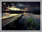Jezioro, Zmierzch, Rośliny, Pomost