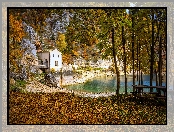 Jezioro, Ławeczka, Skały, Drzewa