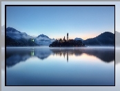 Jezioro, Bled, Słowenia, Góry, Zamek, Mgła