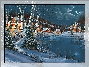 Jezioro, Oświetlone, Domy, Zima, Śnieg
