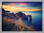 Anglia, Skały, Plaża, Morze, Wybrzeże Jurajskie, Łuk wapienny Durdle Door, Zachód słońca