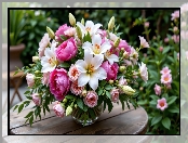 Ogród, Stół, Kolorowe, Wazon, Lilie, Kwiaty, Kamelie, Bukiet, Piwonie, Grafika AI