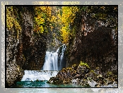 Kamienie, Hiszpania, Aragonia, Rzeka, Jesień, Wodospad, Cascada de la Cueva, Drzewa, Pireneje, Río Arazas, Rezerwat przyrody, Skały