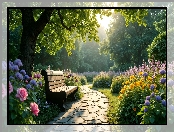 Ścieżka, Park, Ławka, Kamienista, Kwiaty, Drzewa