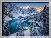 Jezioro, Zima, Drzewa, Moraine Lake, Kanada, Góry, Park Narodowy Banff, Ośnieżone, Góry
