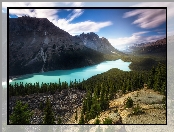 Peyto Lake, Prowincja Alberta, Lasy, Park Narodowy Banff, Chmury, Kanada, Góry, Jezioro