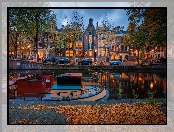 Kanał, Amsterdam, Holandia, Jesień, Domy, Drzewa