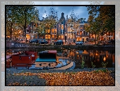 Kanał, Amsterdam, Holandia, Jesień, Domy, Drzewa