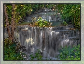 Drzewa, Kaskada, Wodospad Erawan, Tajlandia, Park Narodowy Erawan, Prowincja Kanchanaburi