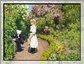 Park, Malarstwo, Hans Andersen Brendekilde, Ogród, Kwiaty, Dziewczynka, Kapelusz