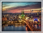 Niemcy, Światła, Miasto, Wschód słońca, Kolonia, Rzeka, Most Hohenzollernów, Katedra