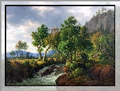 Drzewa, Malarstwo, Rzeka, Skały, Góry, Frederik Christian Kiaerskou