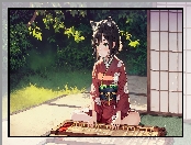 Kimono, Dom, Drzewa, Dziewczyna, Trawa, Manga Anime, Instrument, Uszy