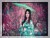 Kimono, Kobieta, Brunetka, Parasolka, Makijaż, Kwiaty