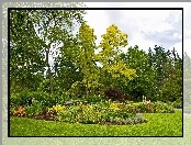 Ławka, Park, Drzewa, Klomby, Kwiaty