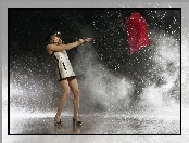 Kobieta, Deszcz, Czerwony, Parasol