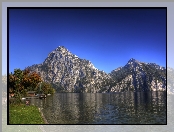 Góry, Kobieta, Łódź, Jezioro, Austria, Drzewa, Domki