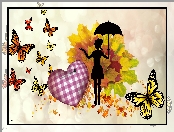 Jesień, Kobieta, Grafika 2D, Serce, Liście, Motyle, Parasolka