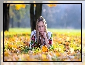 Kobieta, Liście, Portret, Łąka