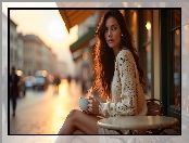 Sweter, Stolik, Długowłosa, Kobieta