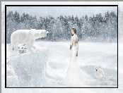 Kobieta, Niedźwiedzie, Zima, Białe
