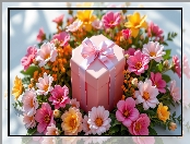 Różowe, Kokarda, Kwiaty, Pudełko, Prezent