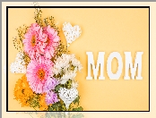 Napis, Mom, Kwiaty, Dzień Matki, Gerbery, Serduszka, Kolorowe