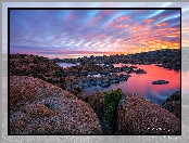 Prescott, Watson Lake, Stany Zjednoczone, Jezioro, Wschód słońca, Niebo, Kolorowe, Skały, Arizona
