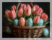 Wielkanoc, Kolorowe, Pisanki, Tulipany, Koszyk