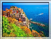 Manarola, Włochy, Kolorowe, Wybrzeże, Statki, Gmina Riomaggiore, Drzewa, Morze Liguryjskie, Domy