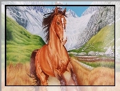 Koń, Rysunek, Góry, Zieleń