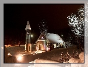 Kościół, Śnieg, Drzewa, Światła