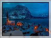 Hallstatt, Kościół, Noc, Austria, Zima, Góry, Jezioro