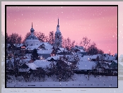 Domy, Kostroma, Drzewa, Rosja, Cerkiew, Padający, Śnieg, Zima