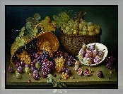 Śliwki, Owoce, Winogrona, Kosze, Stół